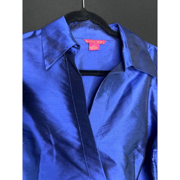 Women's Royal Blue Shiny 100% Silk Wrap Holiday Party Blouse - Picture 4 of 9